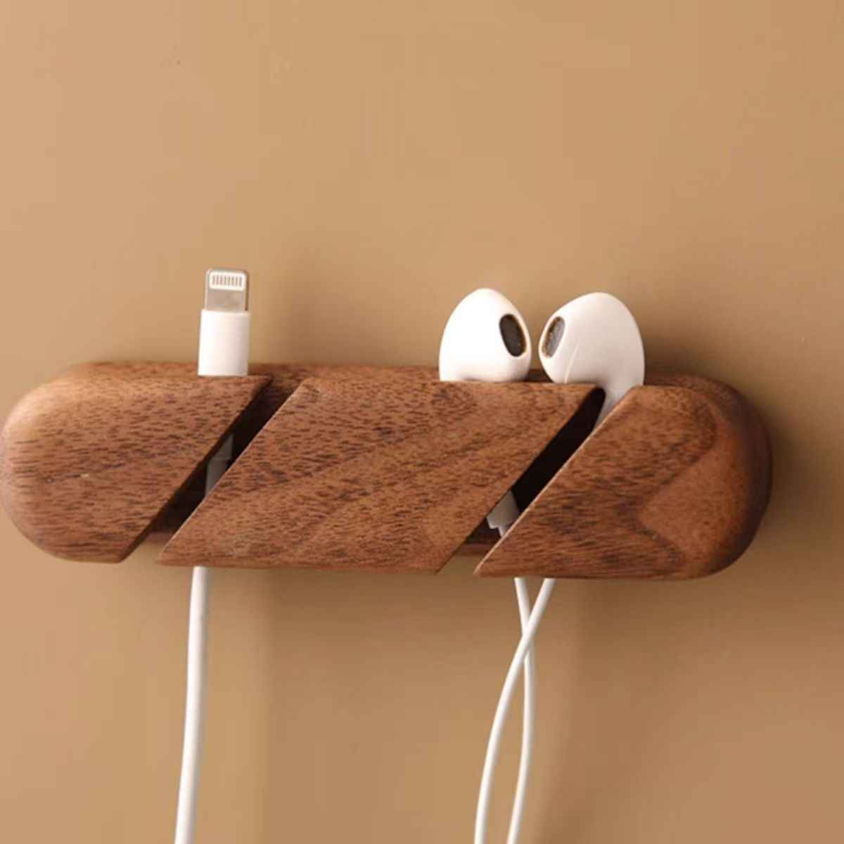 Solid wood charging cable holder