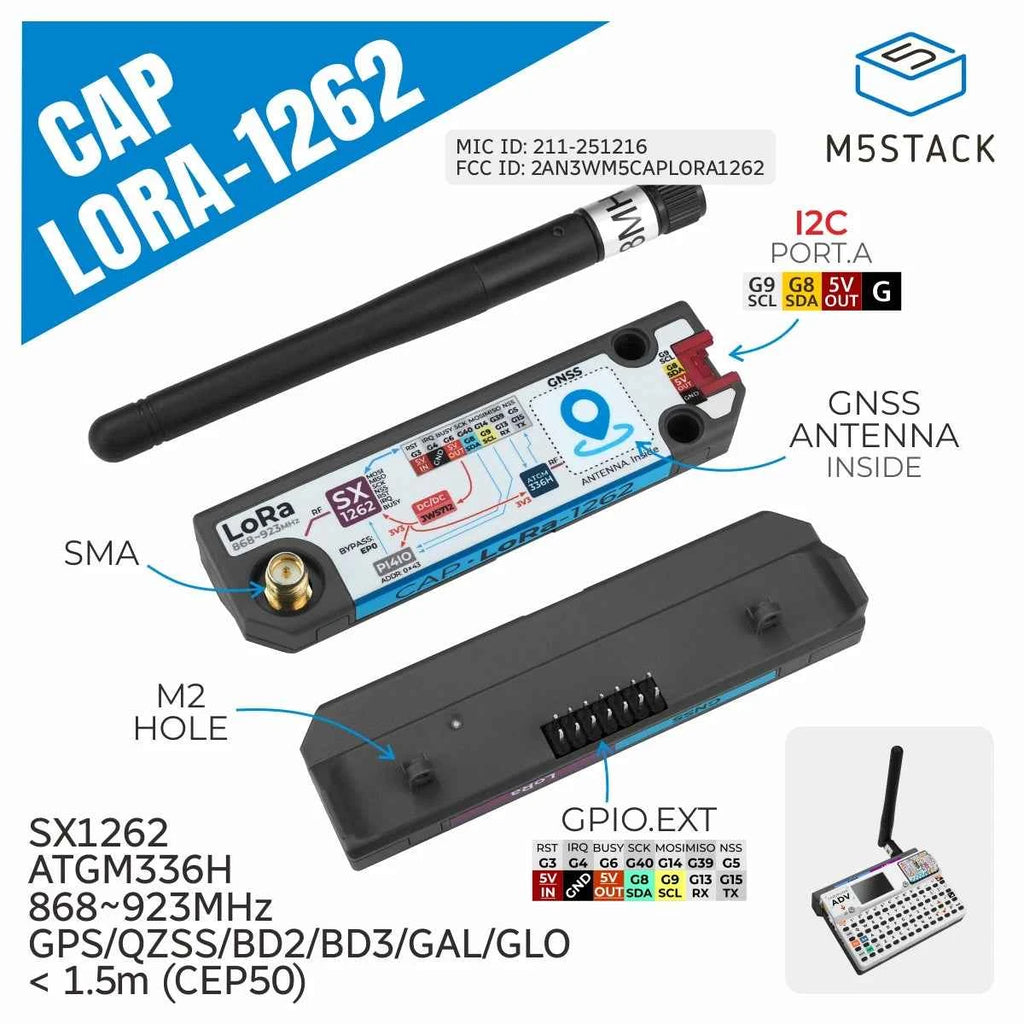 M5Stack Official Cap LoRa 1262 for Cardputer Adv (SX1262,ATGM336H)